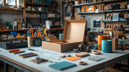 Craft workshop with cardboard box on a table