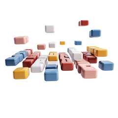 Arrangement of colorful building blocks and cubes in various shapes isolated on a white background