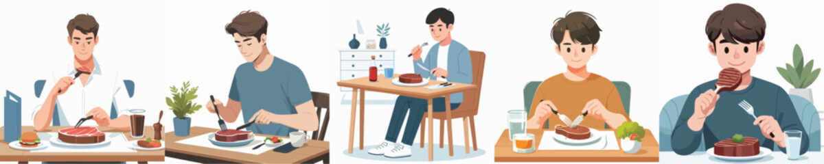 vector of young man eating meat