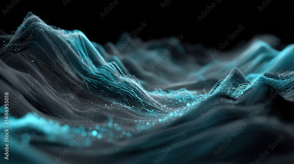 Poster dark mode 3d landscape grid with glowing blue data waves and light structures for futuristic visuals