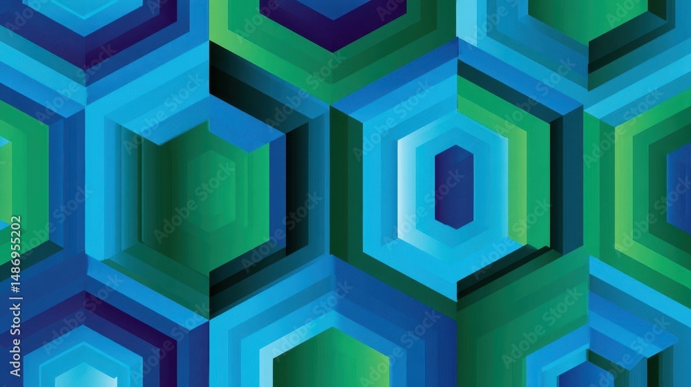 Poster intricate geometric pattern of layered hexagons in blue and green tones.
