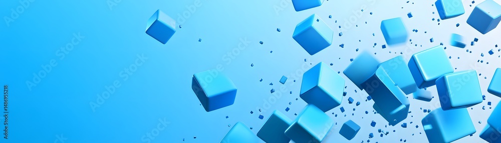 Poster abstract design with floating blue cubes.