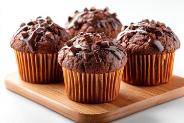 Four chocolate chip muffins topped with rich chocolate drizzle.
