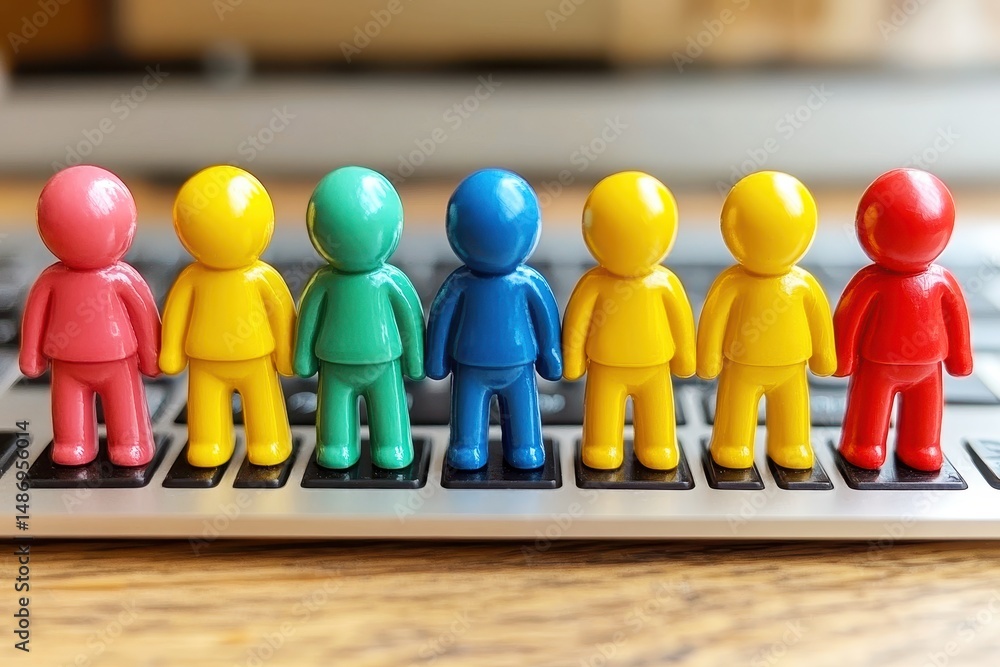 Poster colorful figurines arranged in a row on a computer keyboard, showcasing diversity and creativity in 