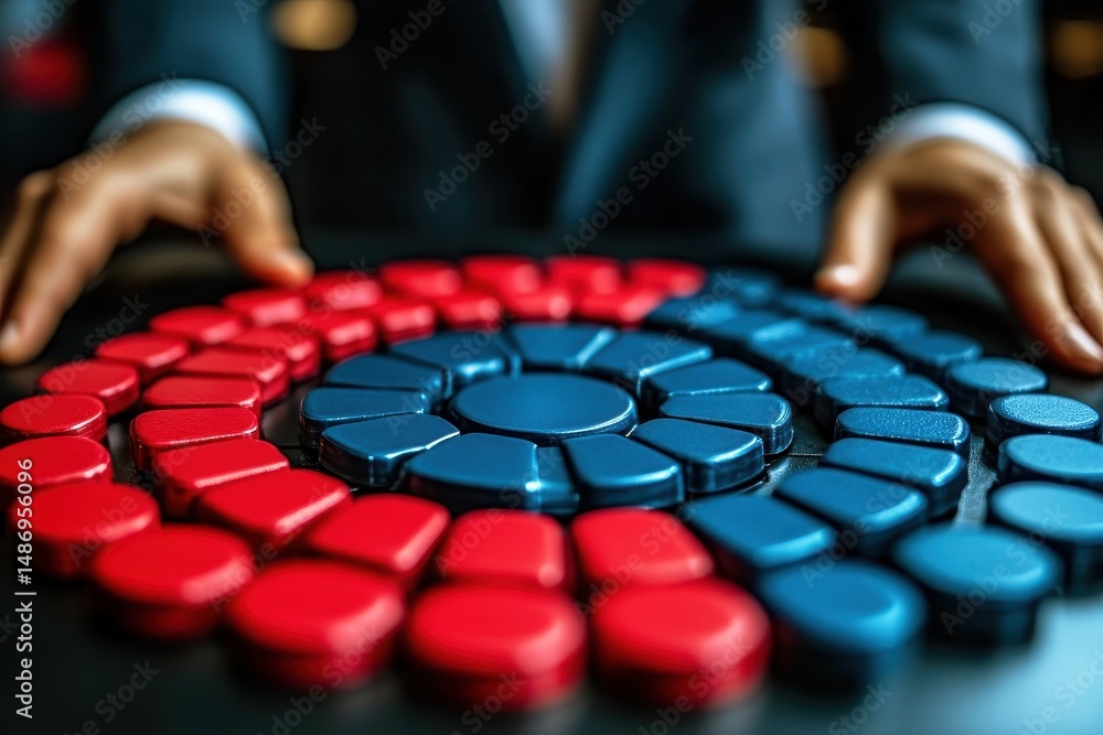 Poster colorful arrangement of circular game tokens in a strategic pattern on a dark surface with hands in 