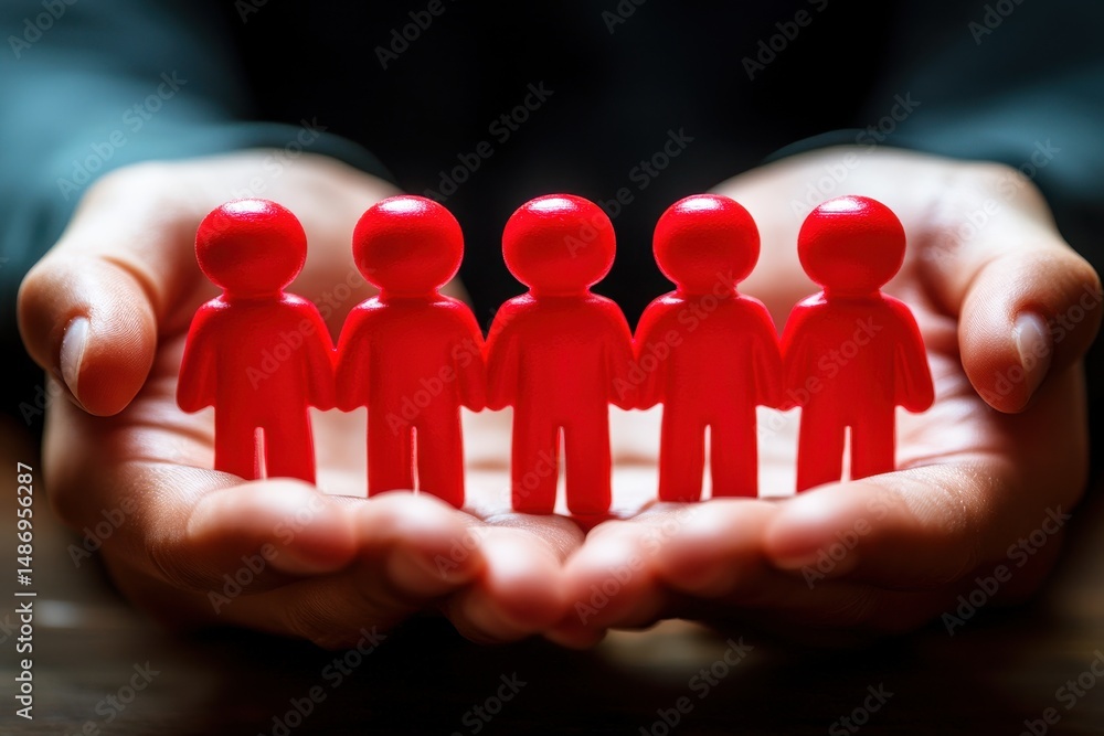 Poster hands gently holding red figures symbolizing teamwork, community, support, and human connection in a