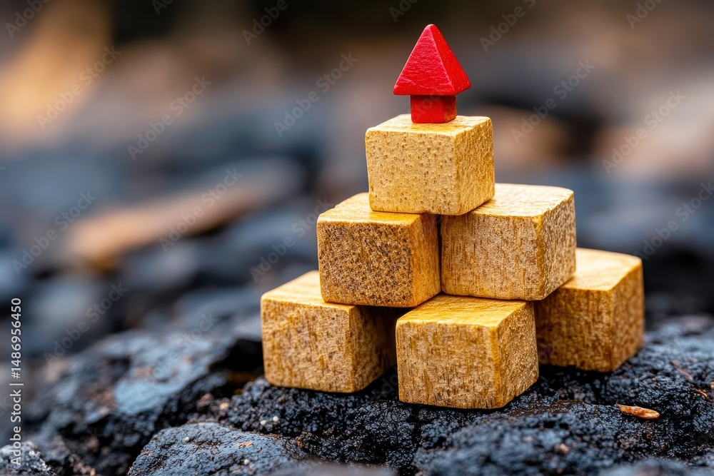 Poster wooden building blocks pyramid with a red arrow symbolizing growth and development on a natural back