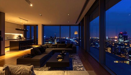 Luxury High Rise Apartment Living Room With City View At Night
