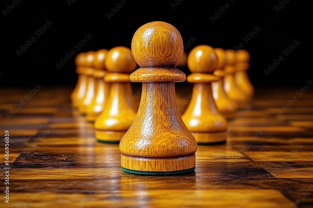 Poster wooden chess pawns arranged strategically on a chessboard with a dark background for game and strate