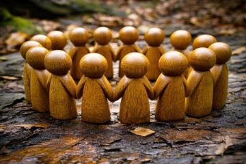 Group of wooden figurines holding hands in a circular formation on a forest floor covered with leaves, symbolizing community, unity, and connection in a natural setting
