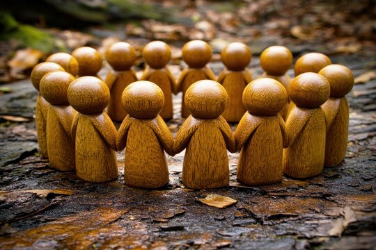 Group of wooden figurines holding hands in a circular formation on a forest floor covered with leaves, symbolizing community, unity, and connection in a natural setting
