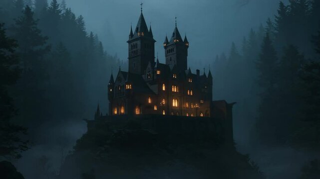 a mysterious landscape with fog rolling over the hill seamless looping 4k time-lapse virtual video animation background, A gothic castle on a hill, 4k video, Majestic glowing  a misty night, 