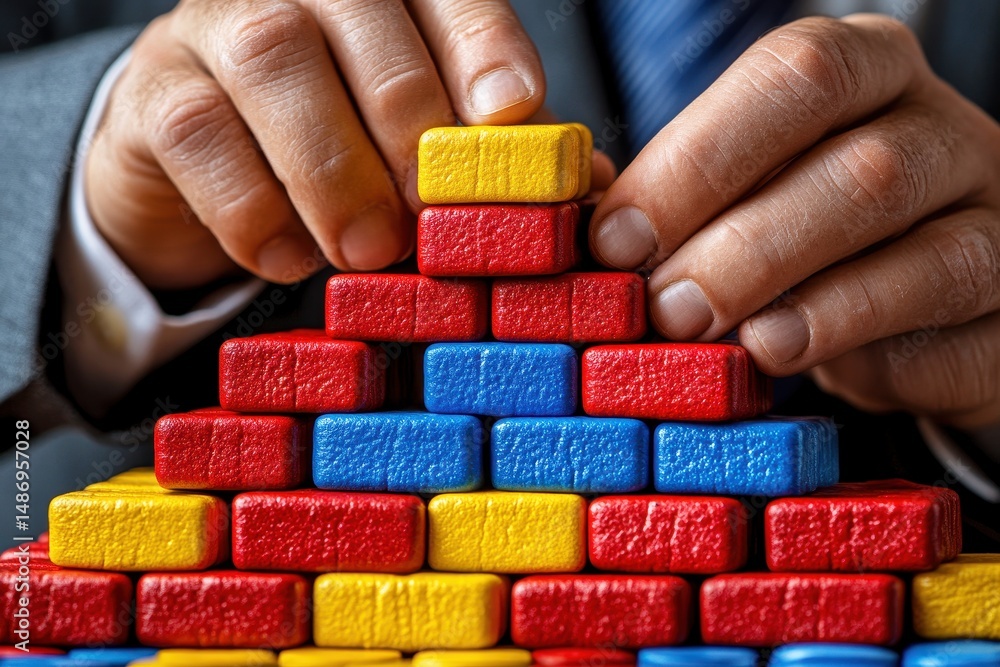 Aufkleber hands assembling colorful building blocks into a pyramid structure on a table signifying growth, str