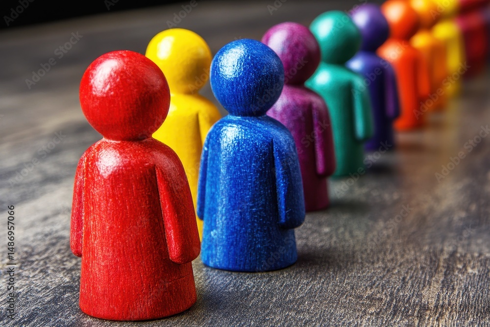 Poster colorful wooden figures in a row representing diversity and unity in a community on a rustic wooden 