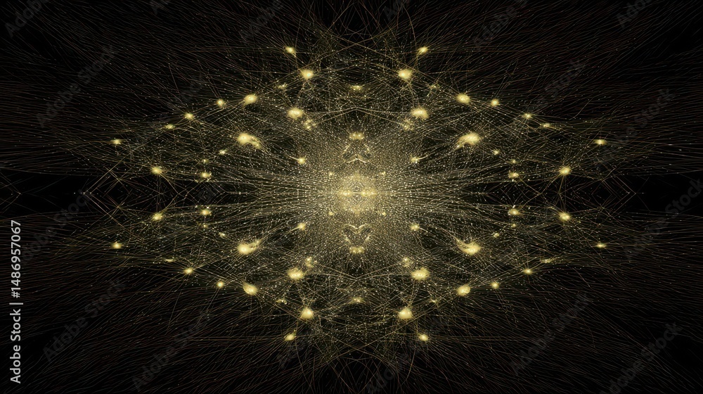 Poster intricate symmetrical design with golden particles.