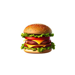 Isolated hamburger with cheese, lettuce, tomato, onion, and sesame bun on a white background