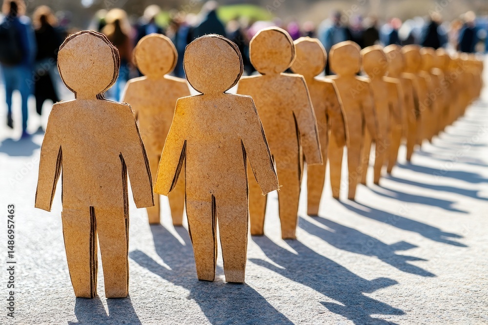 Poster row of wooden figures creating a symbolic representation of community and unity at a public event in
