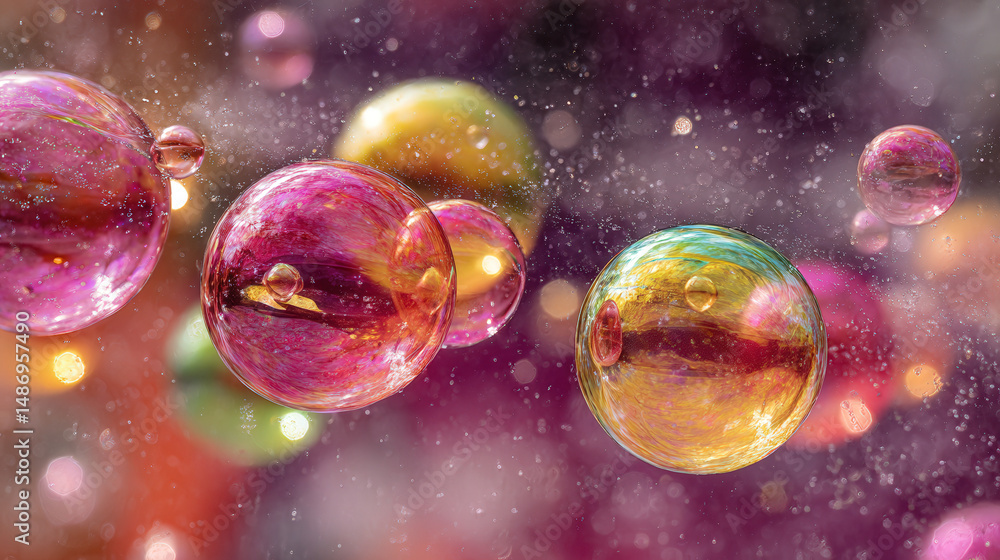 Poster close-up of colorful soap bubbles on glass surface creating a chaotic yet beautiful visual display o