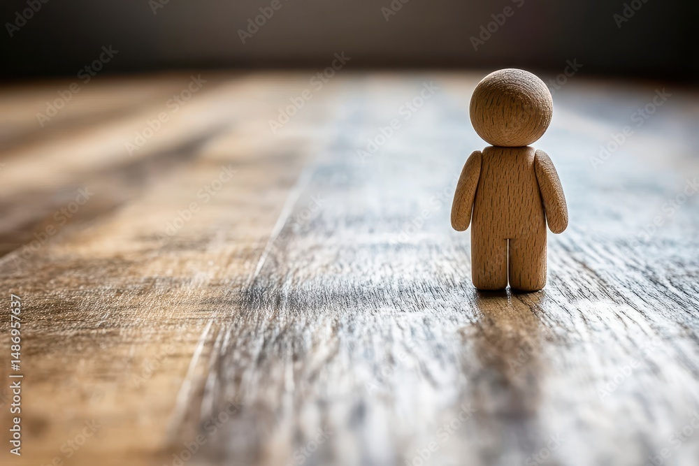 Poster small wooden figurine standing alone on a smooth wooden surface with soft natural light and a blurre