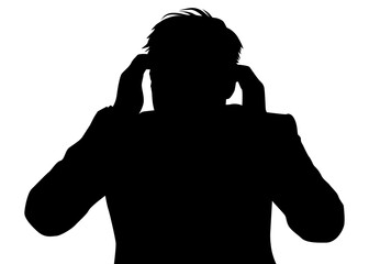 頭に両手をあててパニックになるビジネスマンのシルエット