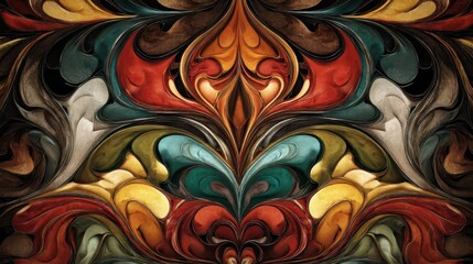 Abstract symmetrical design with flowing patterns and rich colors.