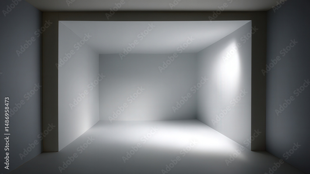 Poster minimalist studio space with softbox lighting creating a gradient shadow on a clean white wall