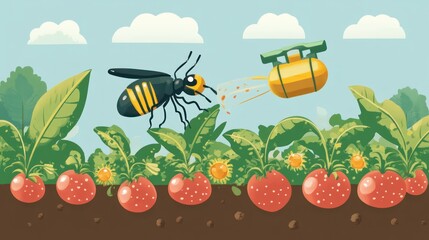 Pollination and Pesticide Application in a Strawberry Field: A Vibrant Illustration
