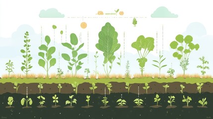 Illustrative Guide to Plant Growth Stages: From Seed to Mature Plant. A Visual Representation of the Life Cycle of Various Vegetables, Showing the Development from Seedling to Harvest.