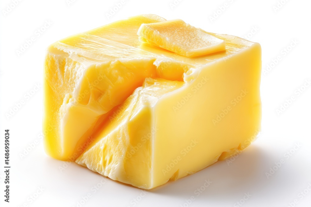 Poster close-up view of a block of butter, broken and separated.