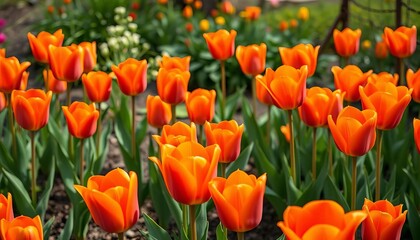 Vibrant orange tulips in full bloom, spring garden , blooming tulips, bloom
