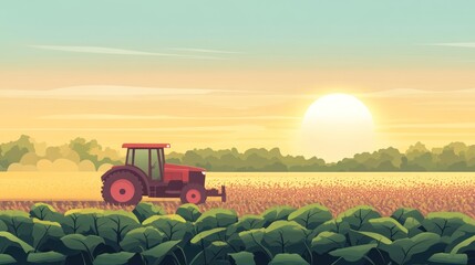 Sunset Harvest: Tractor in Golden Field