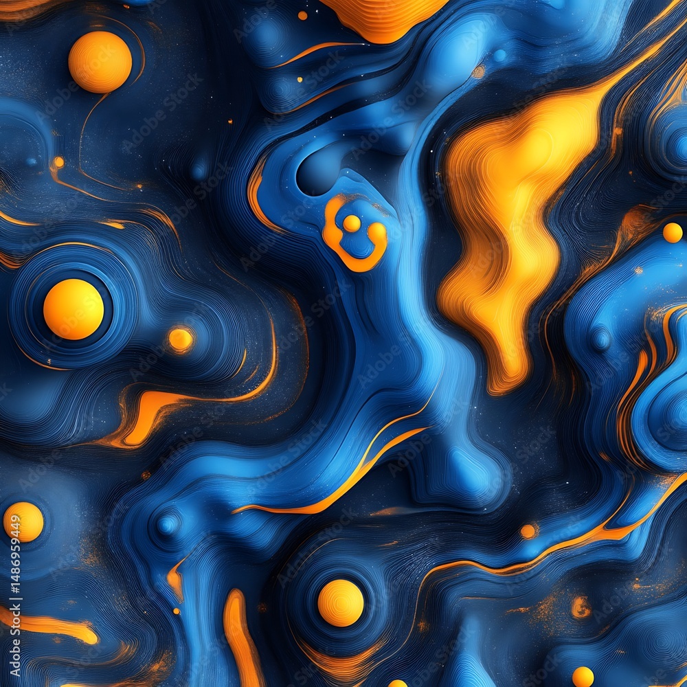 Poster abstract swirling blue and orange shapes, with organic, flowing forms. dynamic textures and vibrant 