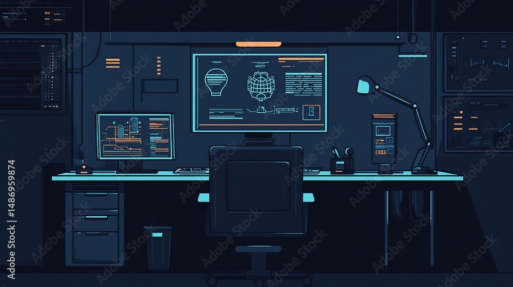 Poster futuristic control room with advanced technology and monitoring systems