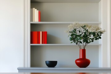 Fototapeta premium Red vase with white flowers on a minimalist shelf. Red books and clean white cabinetry in balanced composition. Calm organization and modern focus. Ideal for home decor, branding