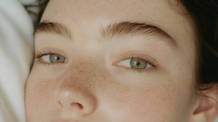 Obraz premium A Serene Close-Up of a Woman's Face Showcasing Perfect Symmetry and Beautiful Freckles