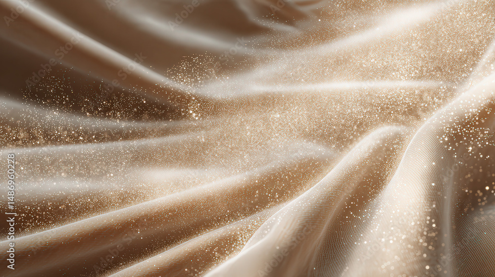 Poster light cream backdrop with floating dust particles on soft fabric surface for elegant atmospheres and