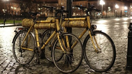 Obraz premium Two gold bamboo bicycles parked on a wet city street at night.