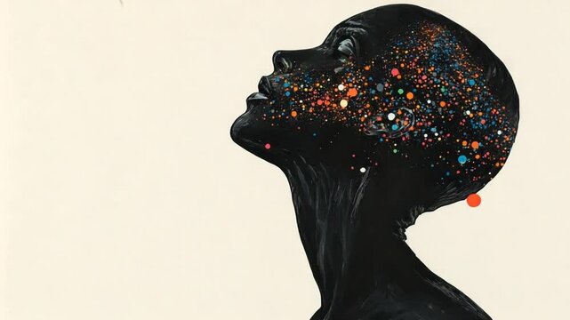 Abstract portrait of a person with a cosmic-themed face, showcasing vibrant colors and patterns against a neutral background