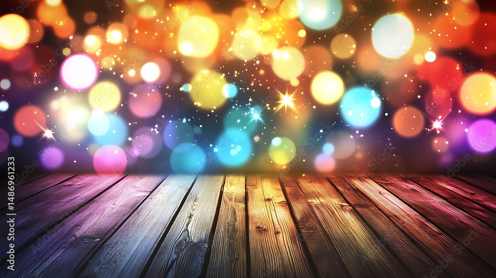 Poster abstract wooden stage with colorful bokeh sparkles creates a magical and inviting background