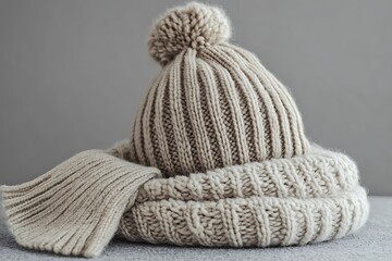 Cozy Knit Winter Hat and Scarf Set on Rustic Grey Background