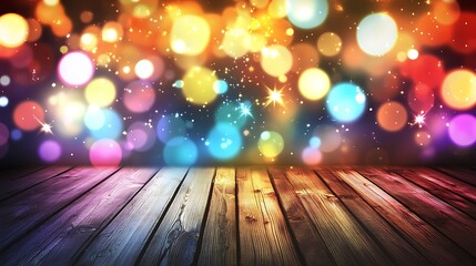 Abstract wooden stage with colorful bokeh sparkles creates a magical and inviting background