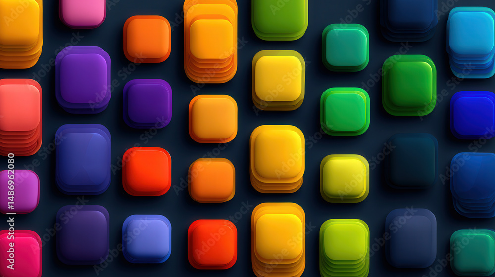 Poster colorful 3d rounded and square shapes in a grid pattern with shadows and depth on dark background