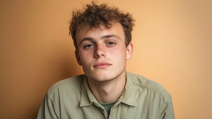 Fototapeta premium Casual Portrait of a Young Man in a Pastel Sand Colored Shirt Against a Neutral Background