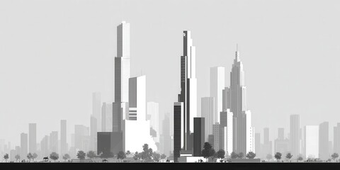Obraz premium Gray scale illustration of a modern city skyline.