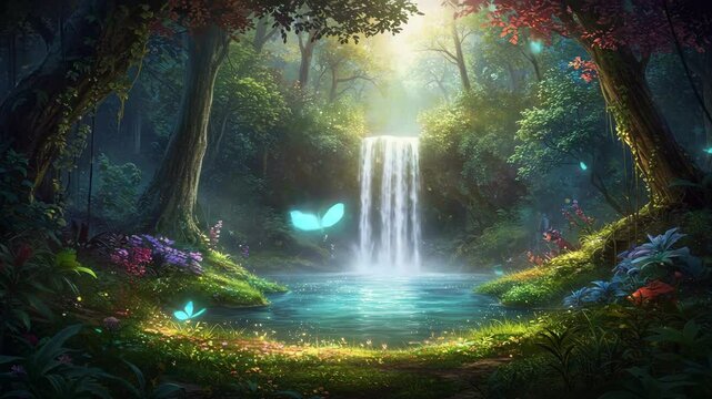 lush t forest with a waterfall cascading, Majestic tall waterfall cascading through lush green forest, natural beauty. Seamless looping 4k time-lapse virtual video animation background. 4k video