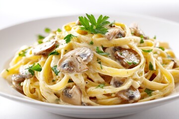 Creamy mushroom pasta dish, elegantly plated.