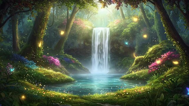 lush t forest with a waterfall cascading, 4k video, Majestic tall waterfall cascading through lush green forest, natural beauty. Seamless looping 4k time-lapse virtual video animation 