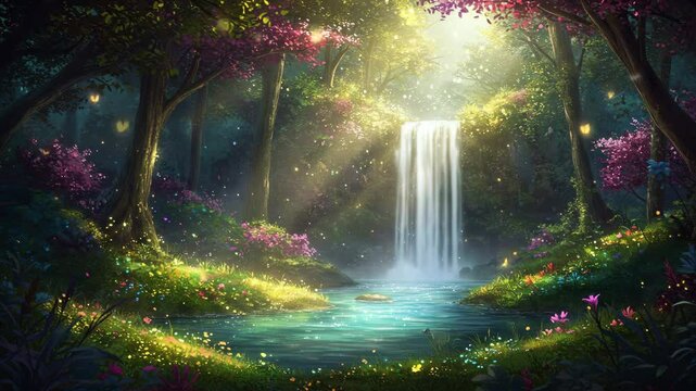 lush t forest with a waterfall cascading, 4k video, Majestic tall waterfall cascading through lush green forest, natural beauty. Seamless looping 4k time-lapse virtual video animation 