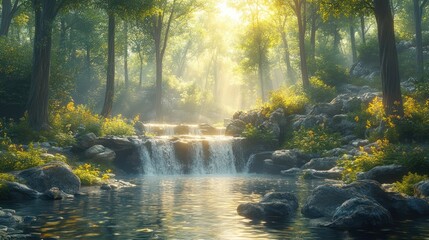 Peaceful waterfall in lush forest