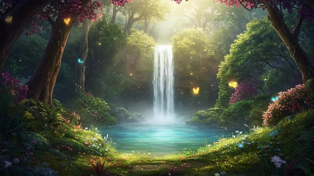 lush t forest with a waterfall cascading, Majestic tall waterfall cascading through lush green forest, natural beauty. Seamless looping 4k time-lapse virtual video animation background. 4k video